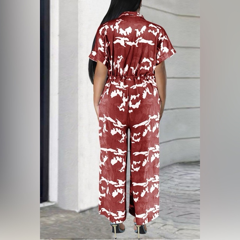 Red and White Abstract Jumpsuit with Flowing Wide-Leg Fit - Picture 2 of 2